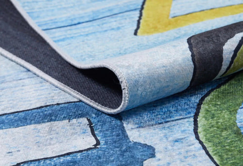 Kids Digital Print Rug – Blue Figured Pattern, Non Slip & Antibacterial Carpet