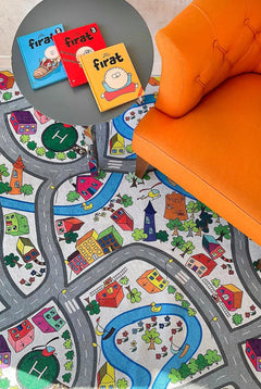 Leshan Blue Figured Digital Print Kids Rug