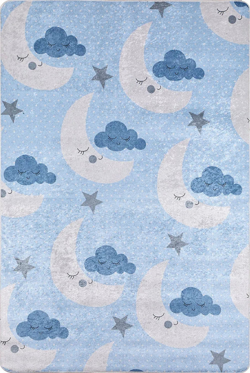 Kids Digital Print Rug - Blue Figured Design, Non Slip Antibacterial Carpet
