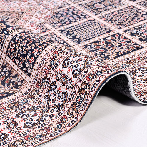 Chenille Area Rug - Washable Non Slip Cream Frame Rug With Kilim Design