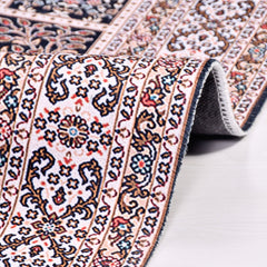 Chenille Area Rug - Washable Non Slip Cream Frame Rug With Kilim Design