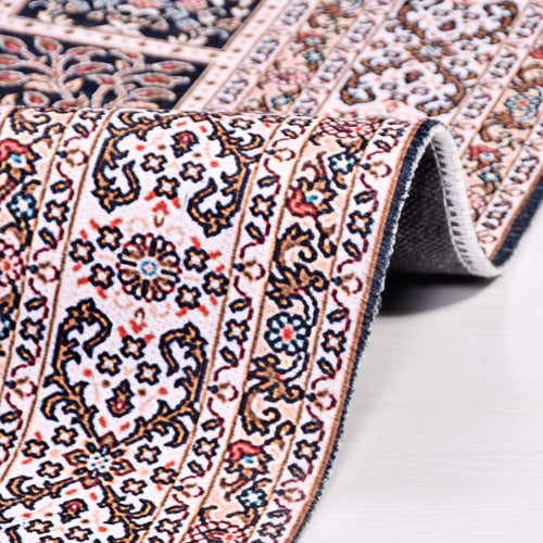 Chenille Area Rug - Washable Non Slip Cream Frame Rug With Kilim Design