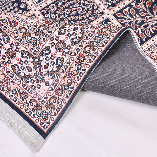 Chenille Area Rug - Washable Non Slip Cream Frame Rug With Kilim Design