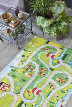 Kids Digital Print Rug - Green Patterned Carpet | Non Slip, Antibacterial & Washable