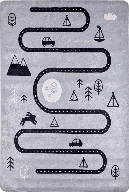 Kids Digital Print Rug - Grey Figured Design, Non Slip, Antibacterial Carpet for Playroom