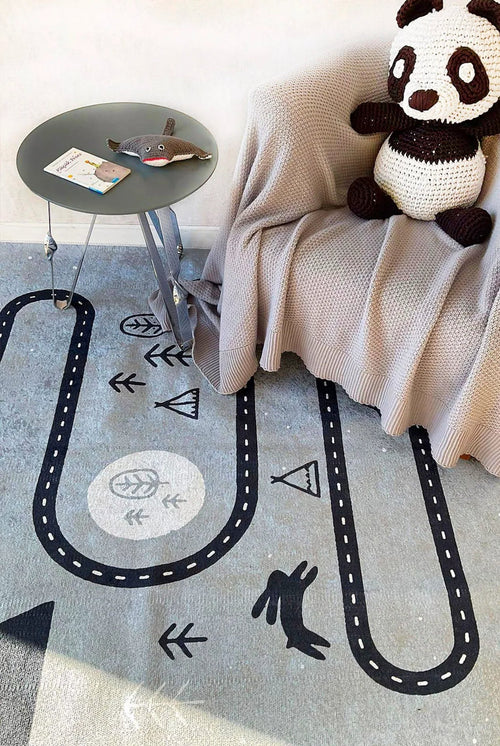 Kids Digital Print Rug - Grey Figured Design, Non Slip, Antibacterial Carpet for Playroom