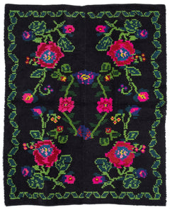 Girit Black Floral Wool Handmade Area Rug 5'2" x 6'7"
