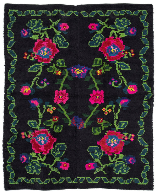 Girit Black Floral Wool Handmade Area Rug 5'2" x 6'7"