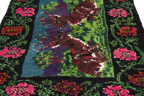 Girit Black Floral Wool Handmade Area Rug 4'7" x 6'8"