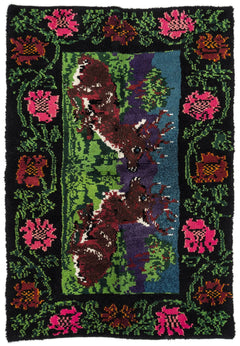 Girit Black Floral Wool Handmade Area Rug 4'7" x 6'8"