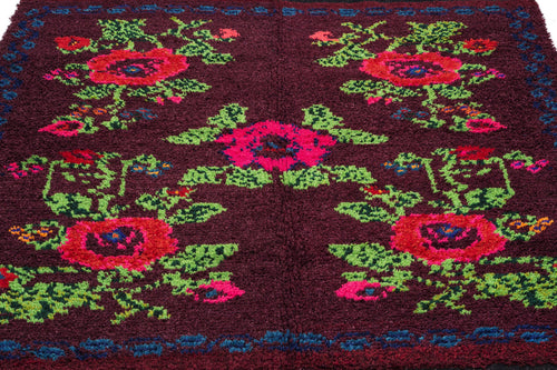 Girit Purple Floral Wool Handmade Area Rug 5'3" x 6'3"