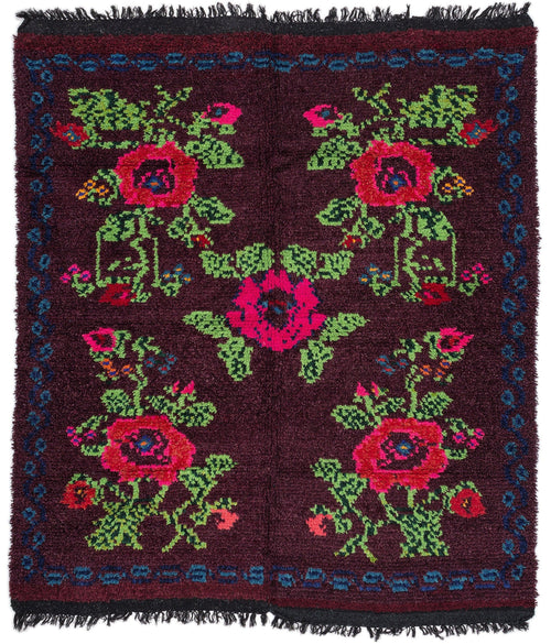 Girit Purple Floral Wool Handmade Area Rug 5'3" x 6'3"