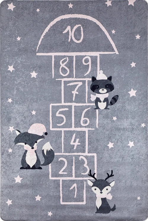 Kids Digital Print Rug – Grey Figured Pattern Carpet | Non Slip & Antibacterial