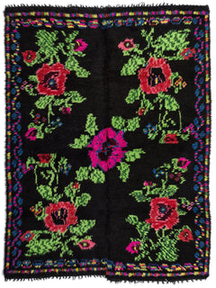 Girit Black Floral Wool Handmade Area Rug 5'2" x 7'5"