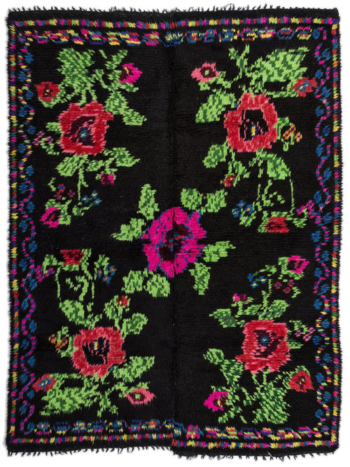 Girit Black Floral Wool Handmade Area Rug 5'2" x 7'5"