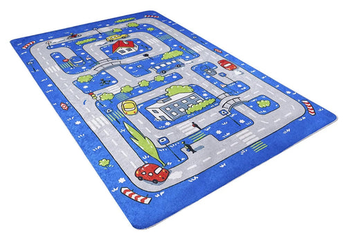 Kids Digital Print Rug – Blue Figured Non Slip Antibacterial Play Carpet