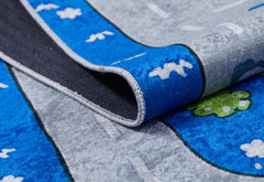 Kids Digital Print Rug – Blue Figured Non Slip Antibacterial Play Carpet