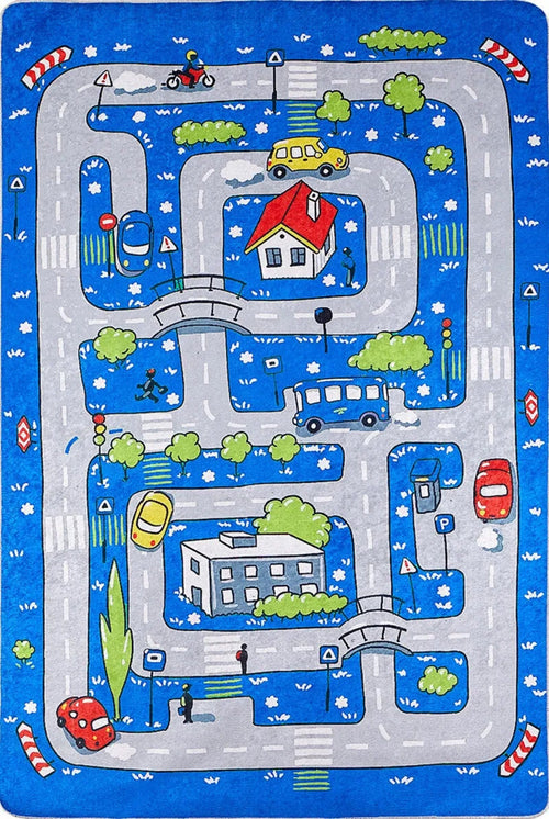 Kids Digital Print Rug – Blue Figured Non Slip Antibacterial Play Carpet