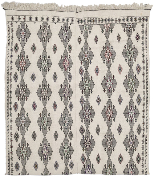 Girit Beige Figured Wool Handmade Area Rug 6'6" x 7'7"