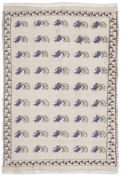 Girit Beige Figured Wool Handmade Area Rug 5'0" x 6'11"