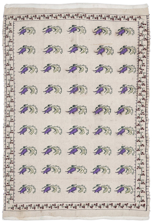 Girit Beige Figured Wool Handmade Area Rug 5'0" x 6'11"