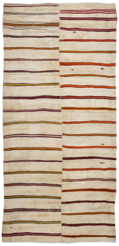 Girit Beige Striped Wool Handmade Area Rug 6'7" x 13'11"