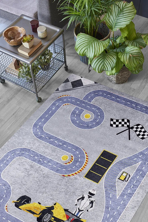 Kids Digital Print Rug – Blue Cars Figured Children's Carpet, Non Slip & Antibacterial