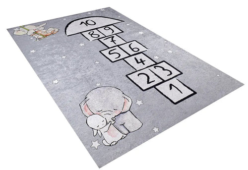 Kids Digital Print Rug - Grey Figured Pattern, Non Slip & Antibacterial Carpet