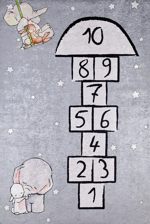 Kids Digital Print Rug - Grey Figured Pattern, Non Slip & Antibacterial Carpet