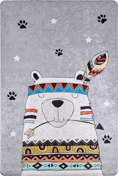 Kids Animal Rug - Grey Digital Print Carpet for Playroom, Non Slip & Antibacterial