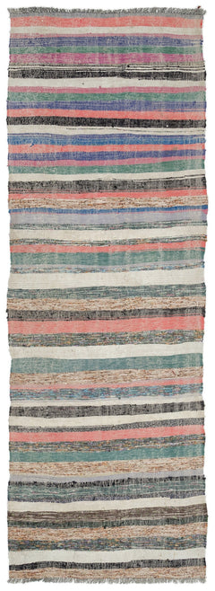 Girit Beige Striped Wool Handmade Area Rug 3'3" x 9'11"