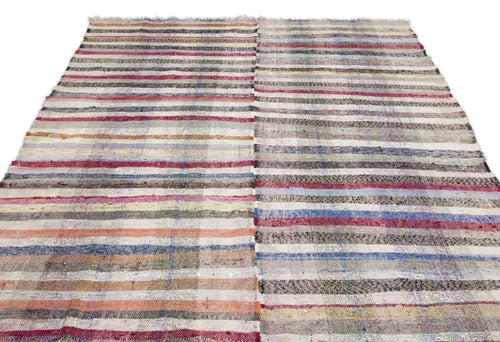 Girit Beige Striped Wool Handmade Area Rug 6'9" x 9'0"