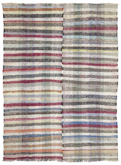 Girit Beige Striped Wool Handmade Area Rug 6'9" x 9'0"