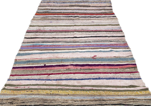 Girit Beige Striped Wool Handmade Area Rug 4'9" x 10'8"