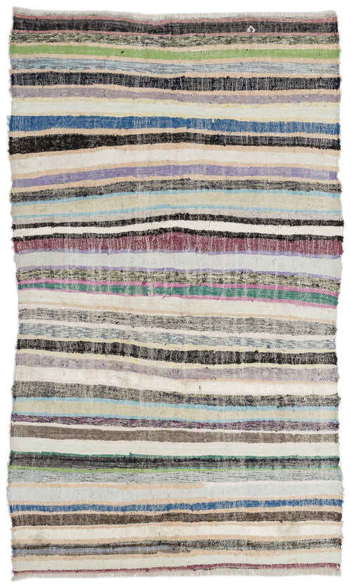 Girit Beige Striped Wool Handmade Area Rug 5'7" x 9'1"