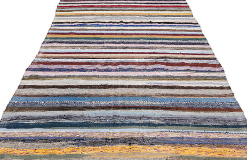 Girit Beige Striped Wool Handmade Area Rug 6'4" x 11'0"