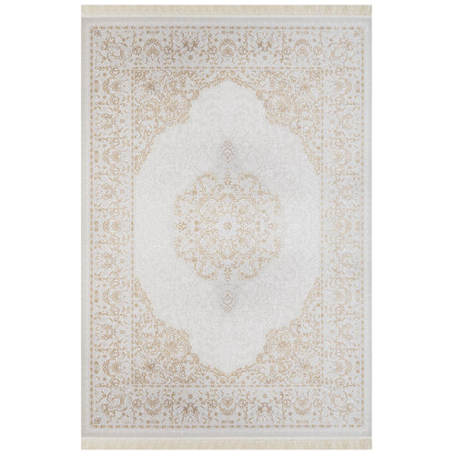 Classic Area Rug – Beige Machine Made Rug With Fringed Edges, Non Slip Carpet