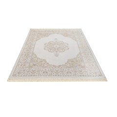 Classic Area Rug – Beige Machine Made Rug With Fringed Edges, Non Slip Carpet
