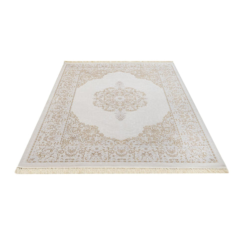 Classic Area Rug – Beige Machine Made Rug With Fringed Edges, Non Slip Carpet