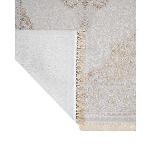 Classic Area Rug – Beige Machine Made Rug With Fringed Edges, Non Slip Carpet