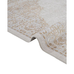 Classic Area Rug – Beige Machine Made Rug With Fringed Edges, Non Slip Carpet