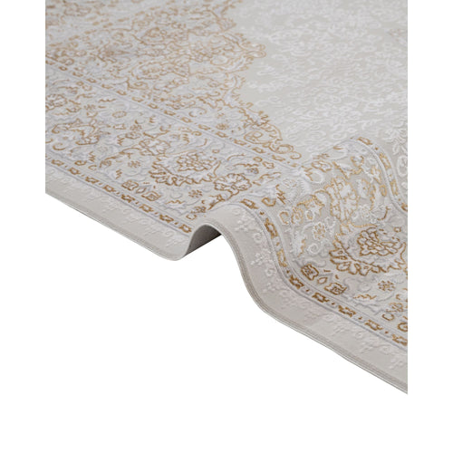 Classic Area Rug – Beige Machine Made Rug With Fringed Edges, Non Slip Carpet