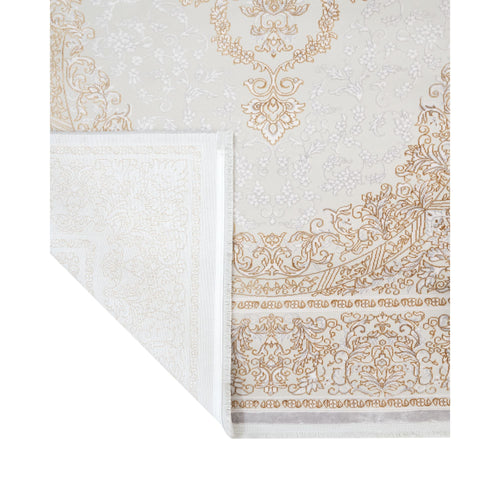 Gold Area Rug - Machine Made Classic Acrylic Carpet with Fringed Edges