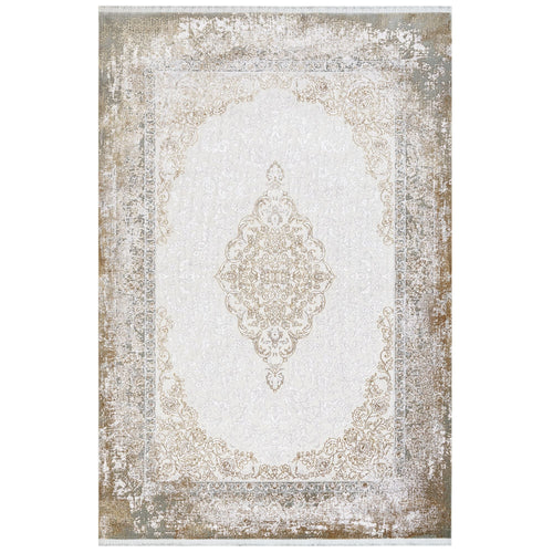 Machine Made Area Rug – Classic Gold Acrylic Fiber Rug with Fringed Edges