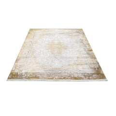 Machine Made Area Rug – Classic Gold Acrylic Fiber Rug with Fringed Edges