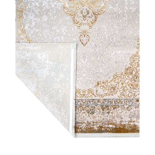 Machine Made Area Rug – Classic Gold Acrylic Fiber Rug with Fringed Edges