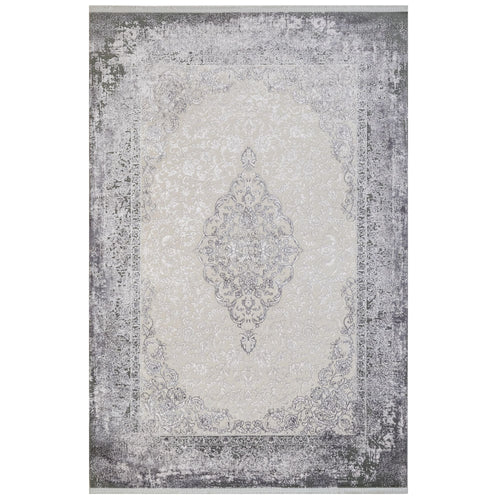 Grey Classic Area Rug – Machine Made Acrylic Carpet With Fringed Edges