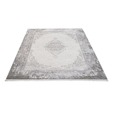 Grey Classic Area Rug – Machine Made Acrylic Carpet With Fringed Edges