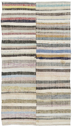 Girit Beige Striped Wool Handmade Area Rug 5'2" x 9'4"