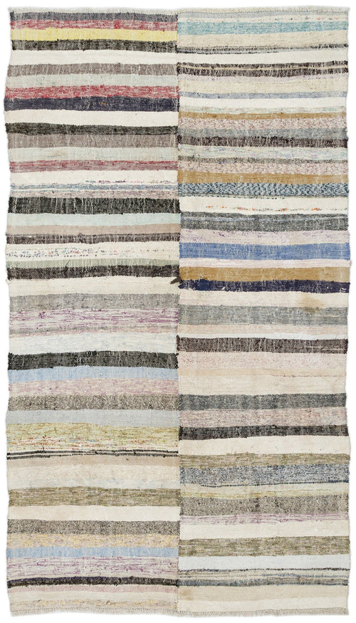 Girit Beige Striped Wool Handmade Area Rug 5'2" x 9'4"